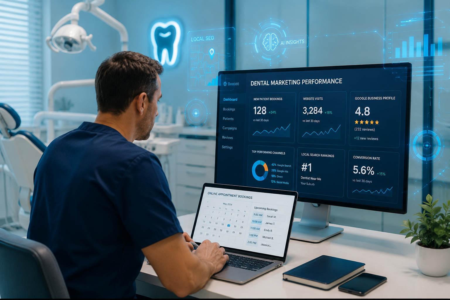 Australian dentist reviewing online patient bookings and local dental marketing performance.
