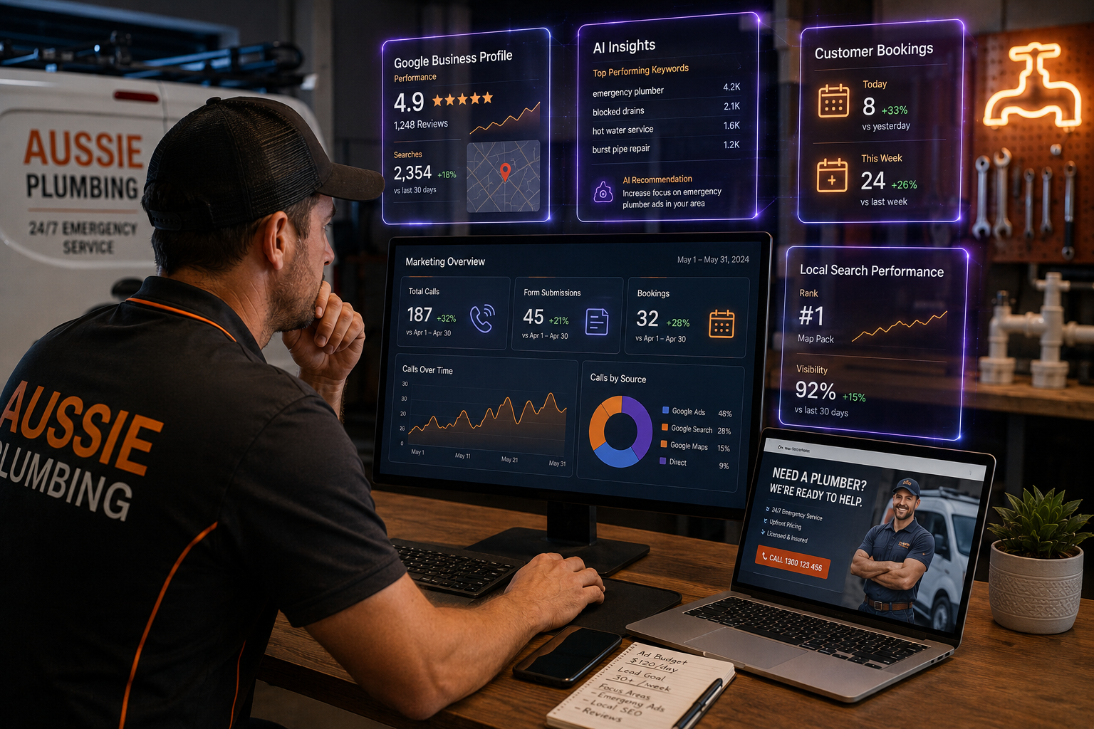 Australian plumber reviewing online bookings, Google Business Profile performance, and digital marketing analytics.