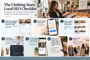 A visual checklist showing essential local SEO steps clothing stores can use to improve online visibility and attract more local customers.
